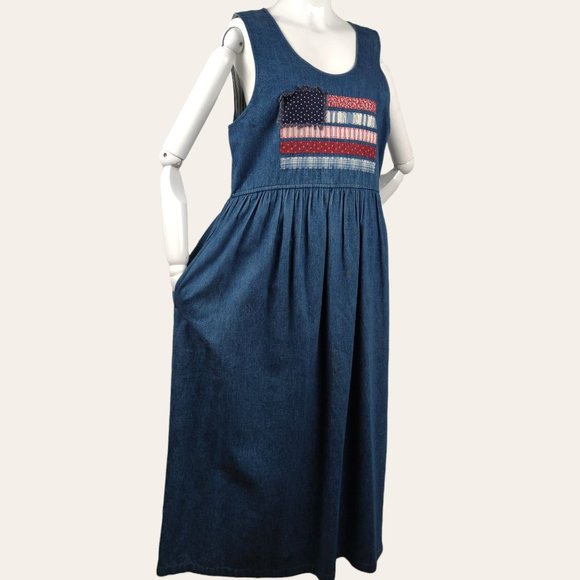 Vintage 1990s Susan Bristol Jumper Dress American Flag Folk Art Cottage Core 8 - Picture 7 of 12